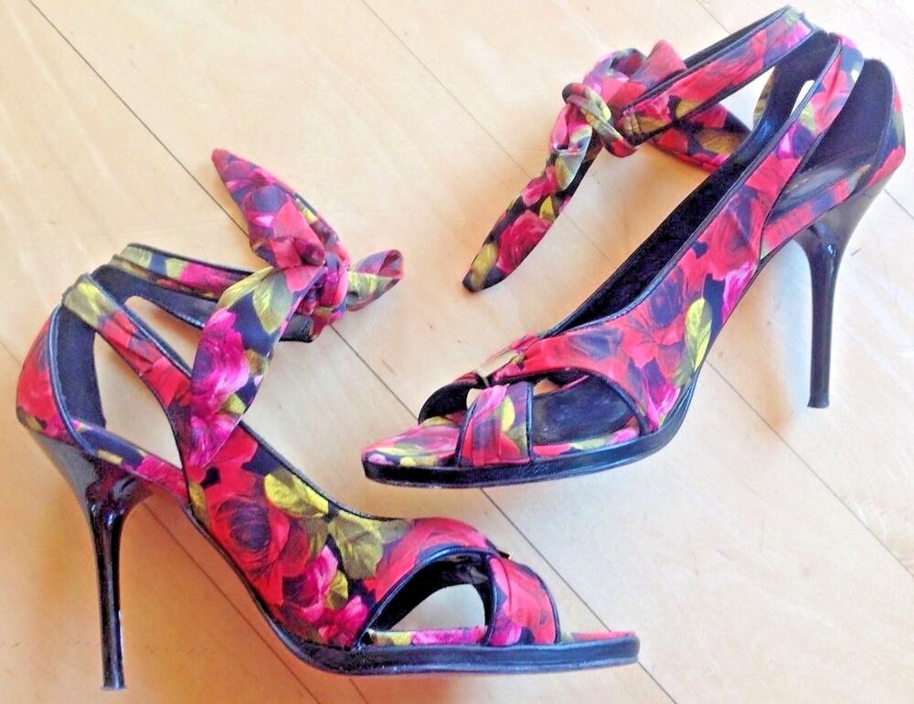 KAREN MILLEN High Heel Floral Satin Ankle Tie Strappy Peep Toe Sandals 37 6.5 7